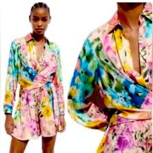 ZARA Colorful Satiny Hawaiian Print  Side Sash Romper XS NWOT